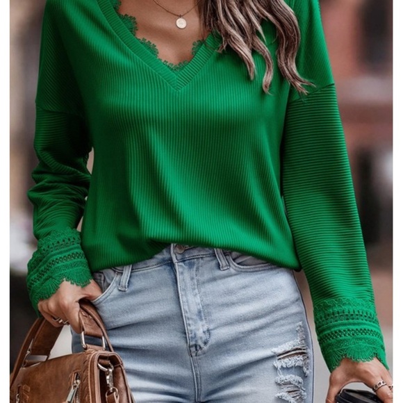 Green Ribbed Long Sleeve Top with Lace Trim | Easy Everyday Fit | NWT - Picture 2 of 8